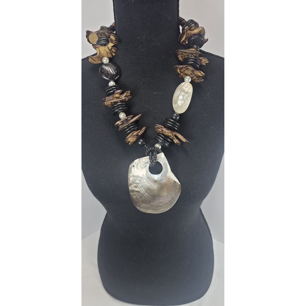Coconut Shell Abalone Pendant‎ Necklace Wood Bead Boho Tribal Statement